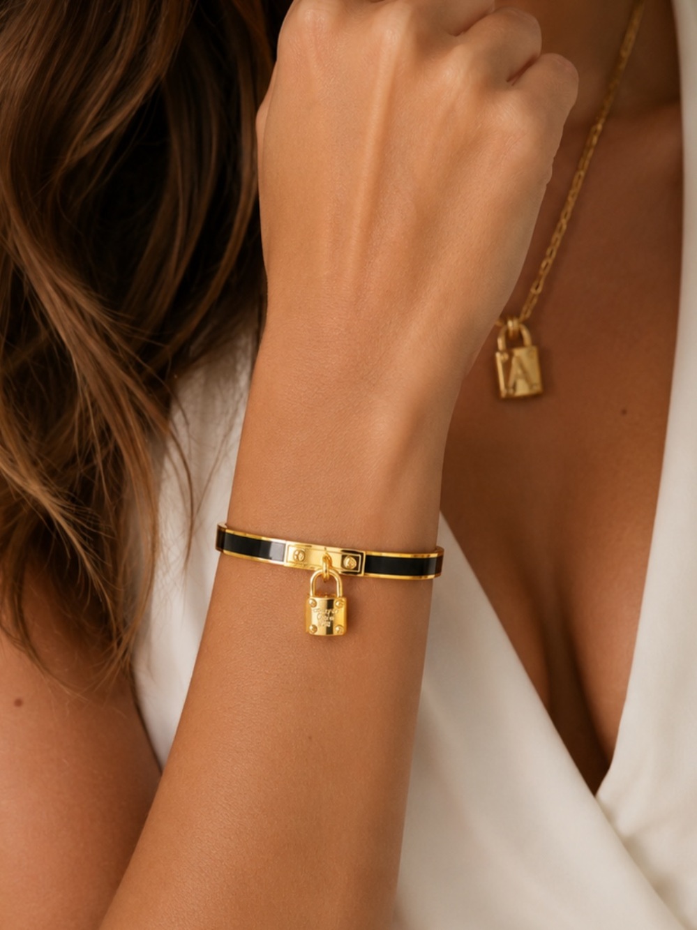 ShopEvelynne Gold and Black Enamel Padlock Bracelet